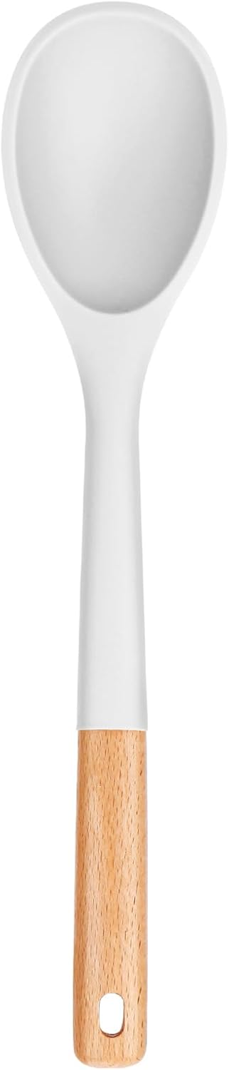 Large Silicone Cooking Spoons, Nonstick Solid Wooden Handle Spoon, Heat Resistan Silicone Kitchen Spoons for Cooking, Serving, Basting, Mixing, 13.2inch (Grey)