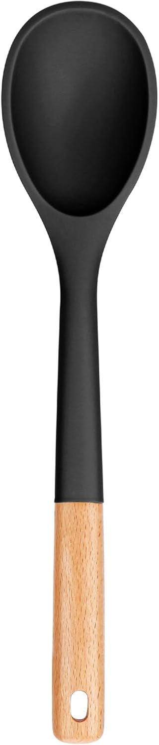 Large Silicone Cooking Spoons, Nonstick Solid Wooden Handle Spoon, Heat Resistan Silicone Kitchen Spoons for Cooking, Serving, Basting, Mixing, 13.2inch (Grey)