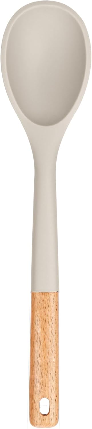 Large Silicone Cooking Spoons, Nonstick Solid Wooden Handle Spoon, Heat Resistan Silicone Kitchen Spoons for Cooking, Serving, Basting, Mixing, 13.2inch (Grey)