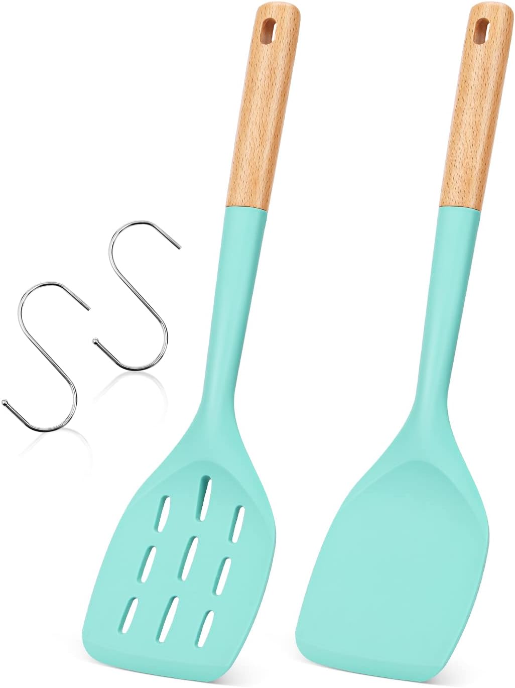 Pack of 2 Silicone Spatula, Non Stick Cooking Utensil Set Wooden Handle Kitchen Turner for Baking Mixing Grilling Serving Food Heat Resistant Non Scratch Hooks Included (Khaki)