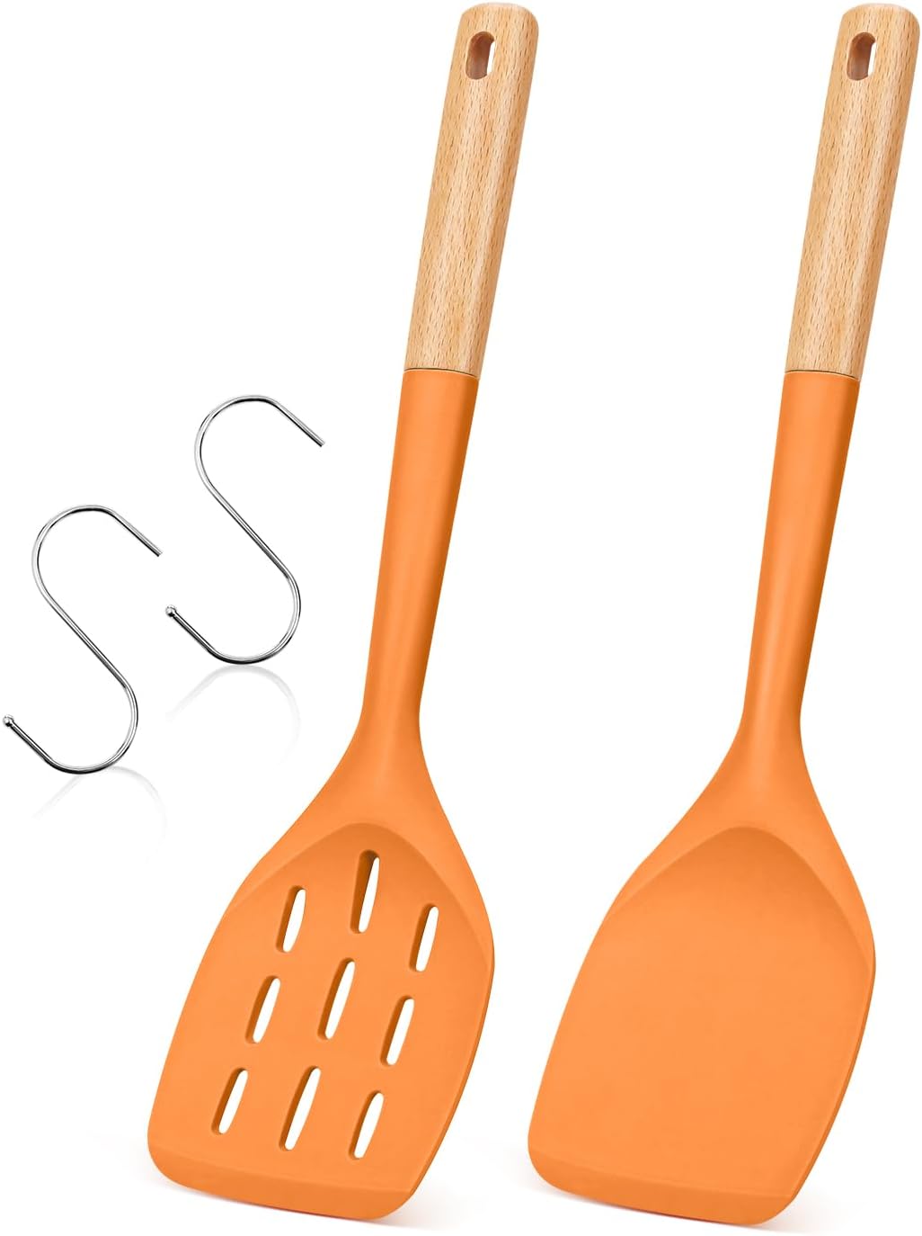 Pack of 2 Silicone Spatula, Non Stick Cooking Utensil Set Wooden Handle Kitchen Turner for Baking Mixing Grilling Serving Food Heat Resistant Non Scratch Hooks Included (Khaki)