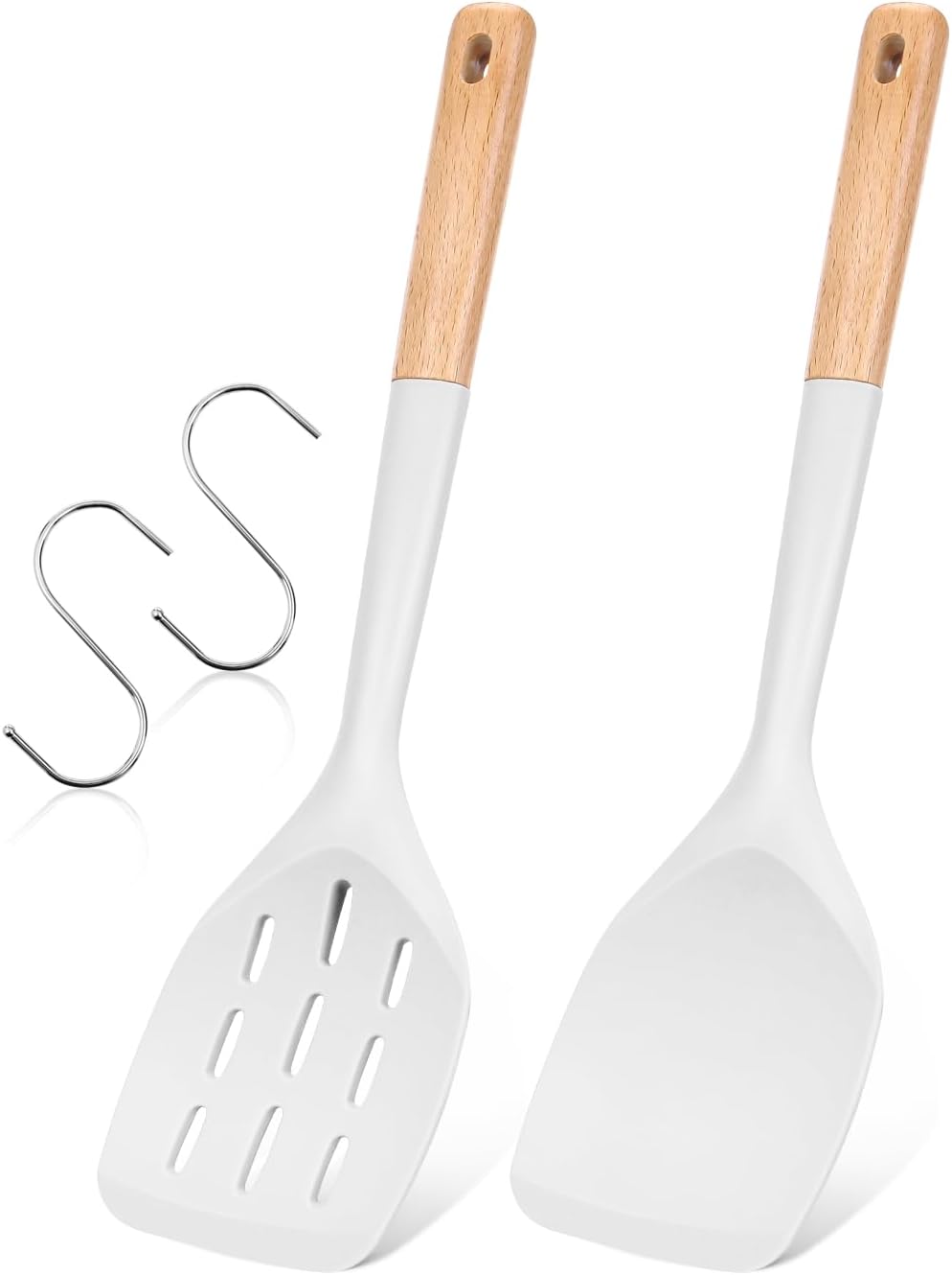 Pack of 2 Silicone Spatula, Non Stick Cooking Utensil Set Wooden Handle Kitchen Turner for Baking Mixing Grilling Serving Food Heat Resistant Non Scratch Hooks Included (Khaki)