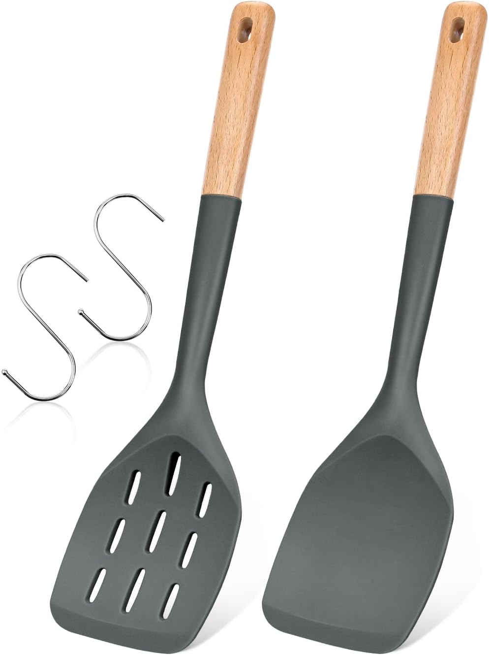 Pack of 2 Silicone Spatula, Non Stick Cooking Utensil Set Wooden Handle Kitchen Turner for Baking Mixing Grilling Serving Food Heat Resistant Non Scratch Hooks Included (Khaki)
