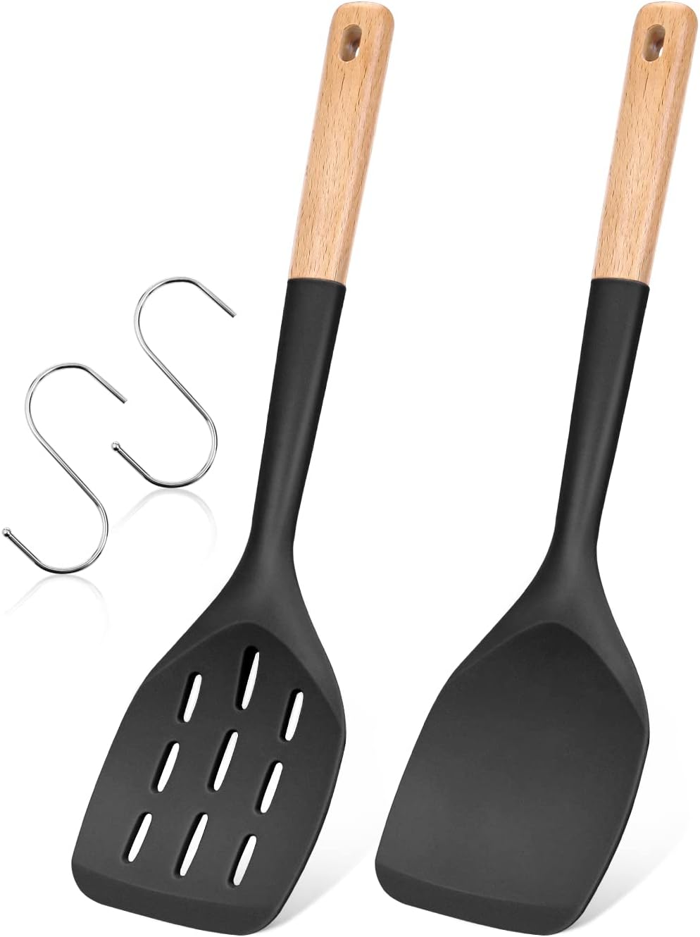 Pack of 2 Silicone Spatula, Non Stick Cooking Utensil Set Wooden Handle Kitchen Turner for Baking Mixing Grilling Serving Food Heat Resistant Non Scratch Hooks Included (Khaki)
