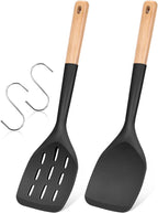 Pack of 2 Silicone Spatula, Non Stick Cooking Utensil Set Wooden Handle Kitchen Turner for Baking Mixing Grilling Serving Food Heat Resistant Non Scratch Hooks Included (Khaki)