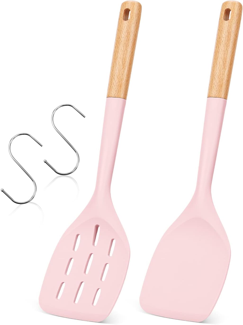 Pack of 2 Silicone Spatula, Non Stick Cooking Utensil Set Wooden Handle Kitchen Turner for Baking Mixing Grilling Serving Food Heat Resistant Non Scratch Hooks Included (Khaki)
