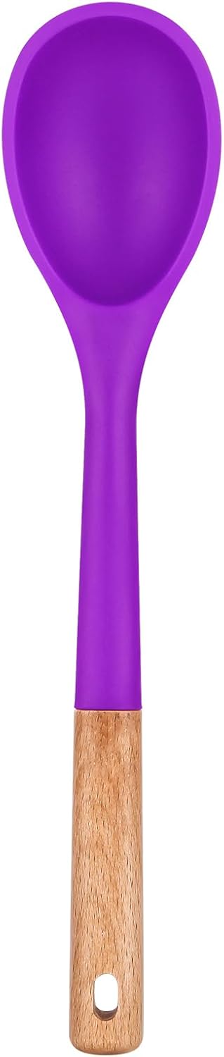 Large Silicone Cooking Spoons, Nonstick Solid Wooden Handle Spoon, Heat Resistan Silicone Kitchen Spoons for Cooking, Serving, Basting, Mixing, 13.2inch (Grey)