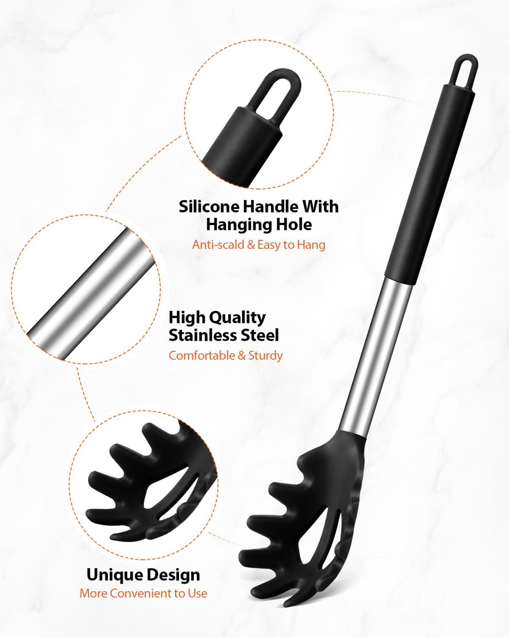 Silicone Spaghetti Spoon & Pasta Tong, Non-Stick Stainless Steel Handle Pasta Fork Set with Teeth, Food Clip for Easy Serving of Noodles (Khaki)