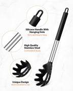 Silicone Spaghetti Spoon & Pasta Tong, Non-Stick Stainless Steel Handle Pasta Fork Set with Teeth, Food Clip for Easy Serving of Noodles (Khaki)