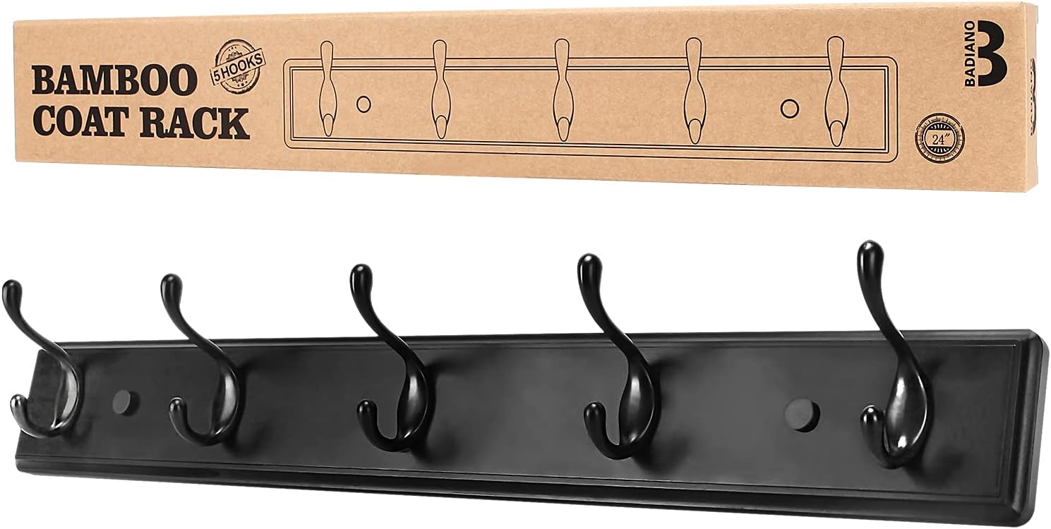 Wooden Coat Rack, Wall-Mounted Organizer for Closet, Entryway, Hallway, Foyer, Bedroom, Heavy Duty Double Hooks for Hanging Towels, Bags, Hats, Jackets, Key (Black, 3 Hooks)