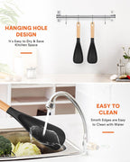 Cooking Spoon for Nonstick Cookwares, Great for Cooking and Serving Sturdy BPA-Free Matte Silicone, Wood Handle Spoon for Mixing, Scoop, and Scrape (Black & Grey, 11.4 inch)