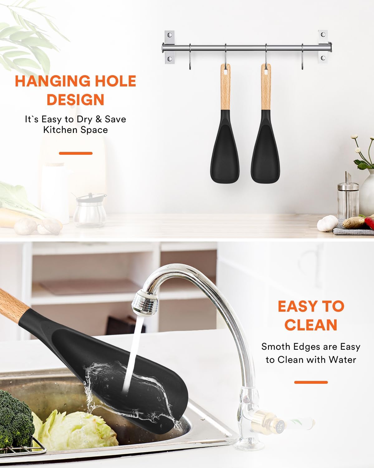 Cooking Spoon for Nonstick Cookwares, Great for Cooking and Serving Sturdy BPA-Free Matte Silicone, Wood Handle Spoon for Mixing, Scoop, and Scrape (Black & Grey, 11.4 inch)