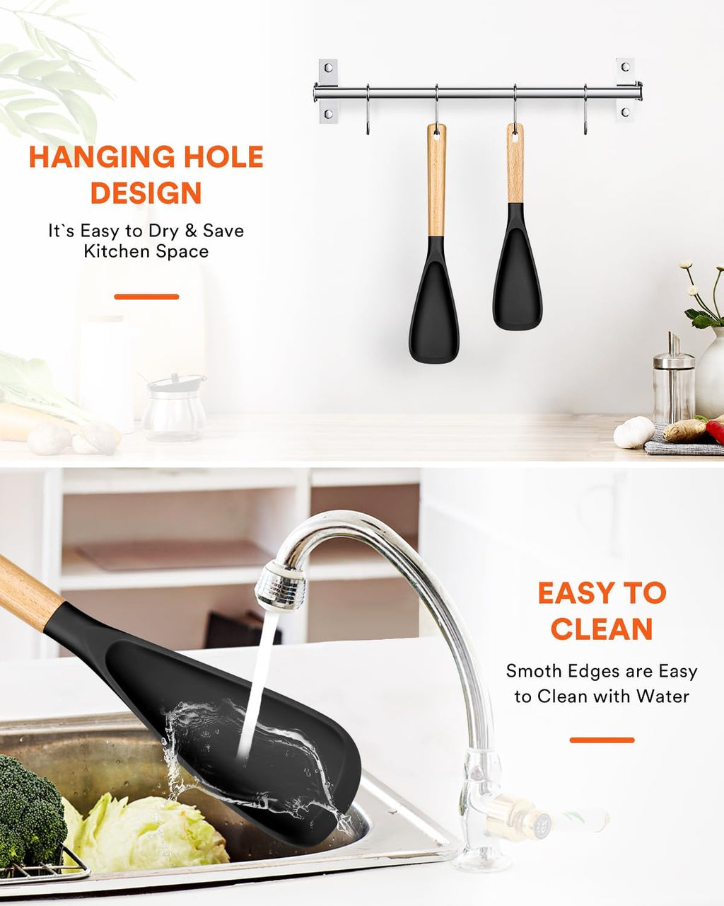 Multifunction Spatula Spoon for Nonstick Cookwares, Great for Cooking and Serving, Sturdy BPA-Free Matte Silicone, Wood Handle Spatula for Mixing, Scoop, and Scrape, Grey(2 pack,11.4" & 13.4")