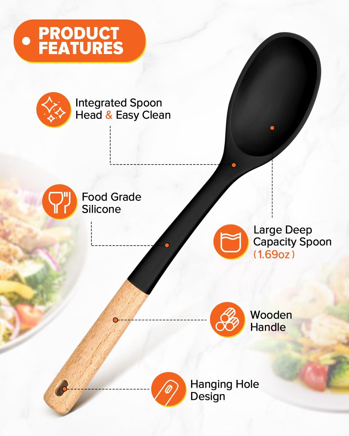 Silicone Cooking Spoons, Great for Scooping Sides and Serving Hearty Stews, BPA-Free Matte Silicone, Wooden Handle Serving Spoon for Nonstick Cooking Surfaces (Khaki)
