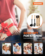 Pasta Fork and Ladle Set, Perfect for Serving Hot Soup, Stirring, and Sauce Pasta, BPA-Free Matte Silicone, Wood Handle Spaghetti Spoon for Nonstick Cooking Surfaces (Black)