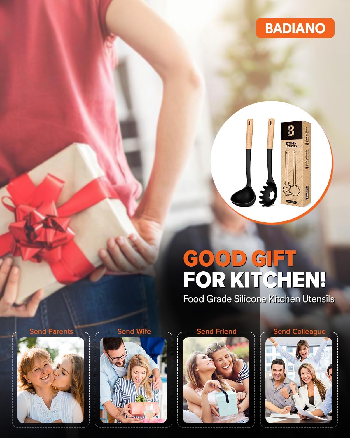 Pasta Fork and Ladle Set, Perfect for Serving Hot Soup, Stirring, and Sauce Pasta, BPA-Free Matte Silicone, Wood Handle Spaghetti Spoon for Nonstick Cooking Surfaces (Black)