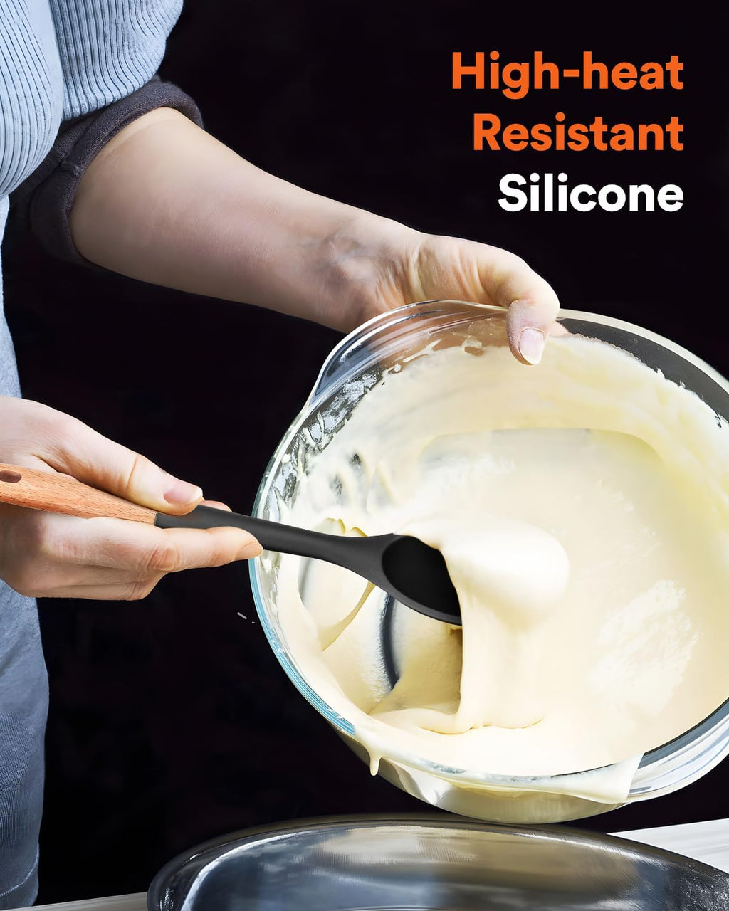 Large Silicone Cooking Spoons, Nonstick Solid Wooden Handle Spoon, Heat Resistan Silicone Kitchen Spoons for Cooking, Serving, Basting, Mixing, 13.2inch (Grey)