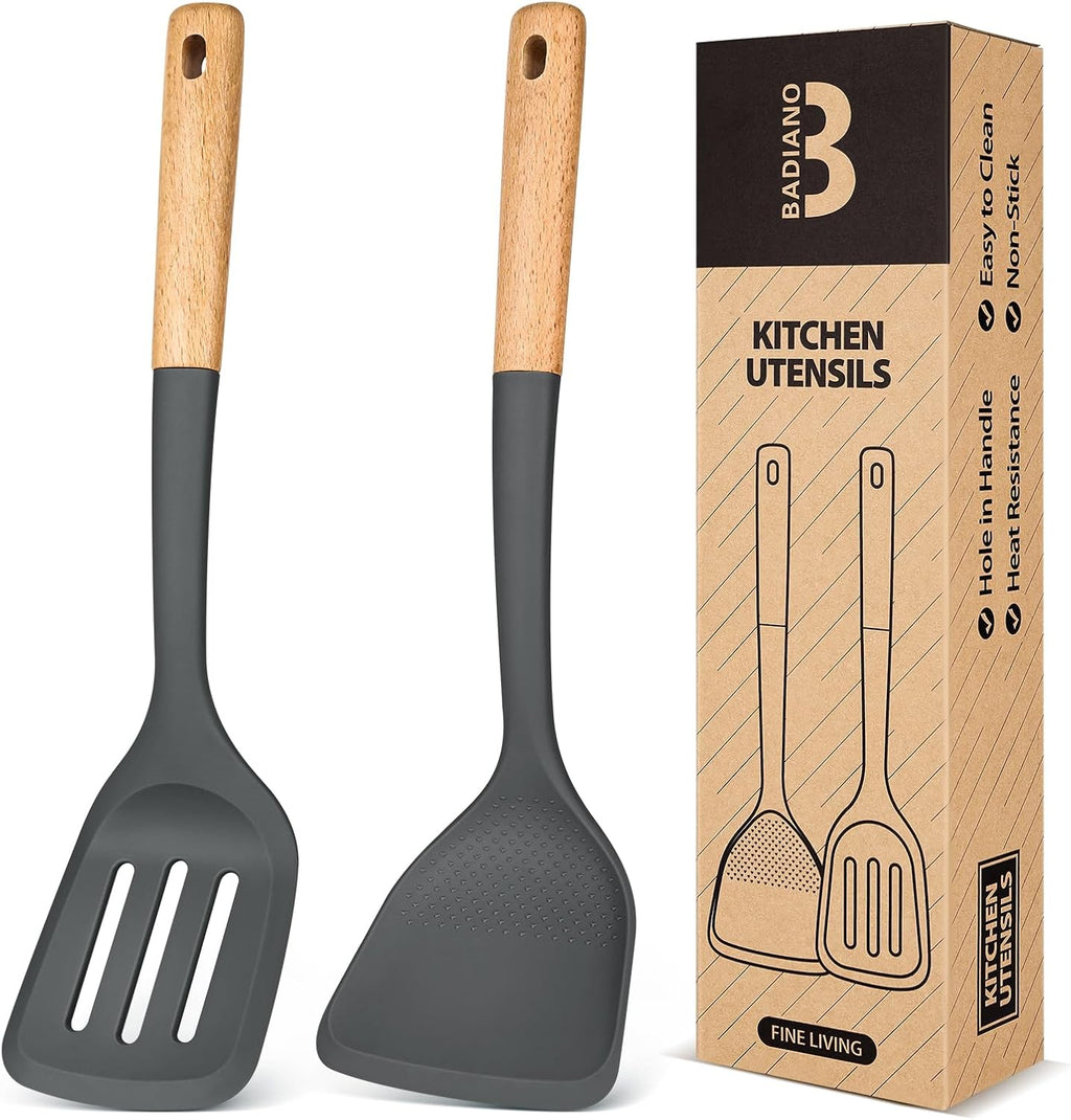 Silicone Wok Spatula Turner Set, Perfect for Scooping, Flipping, Lifting Pancakes and Picking up Veggies, BPA-Free Matte Silicone, Wooden Handles, Safe for Nonstick Cooking Surfaces (Grey)