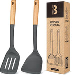 Silicone Wok Spatula Turner Set, Perfect for Scooping, Flipping, Lifting Pancakes and Picking up Veggies, BPA-Free Matte Silicone, Wooden Handles, Safe for Nonstick Cooking Surfaces (Grey)