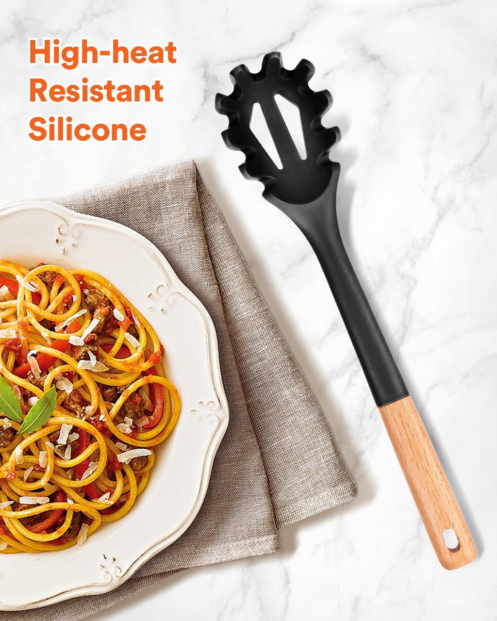 Silicone Pasta Fork, Kitchen Heat Resistant Noodle Spoon Server, BPA Free Spaghetti Strainer,12.8 inch (Khaki)