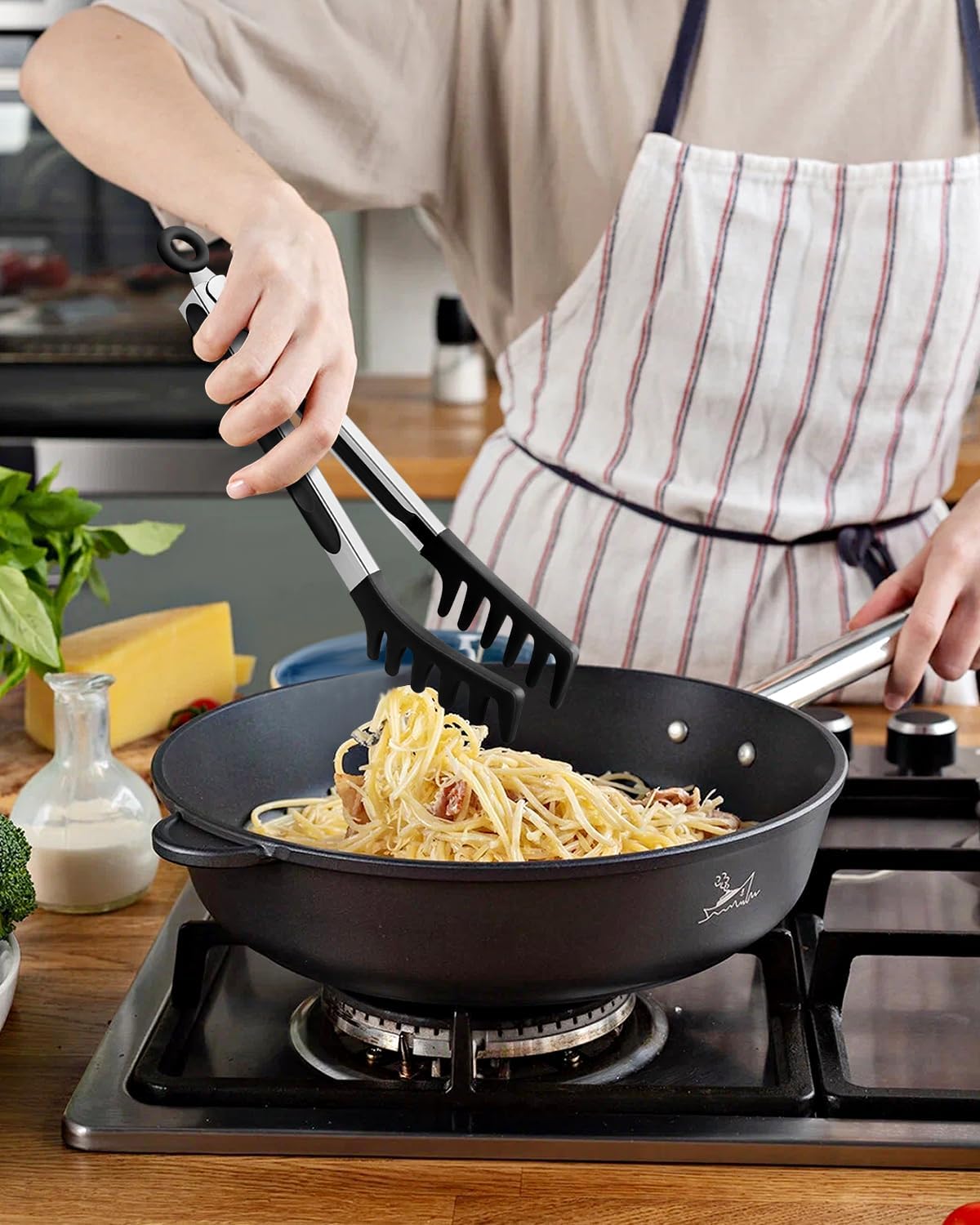 Silicone Spaghetti Spoon & Pasta Tong, Non-Stick Stainless Steel Handle Pasta Fork Set with Teeth, Food Clip for Easy Serving of Noodles (Khaki)