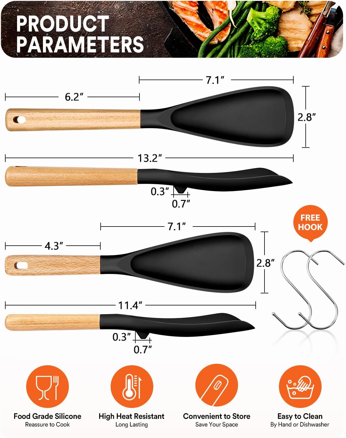 Multifunction Spatula Spoon for Nonstick Cookwares, Great for Cooking and Serving, Sturdy BPA-Free Matte Silicone, Wood Handle Spatula for Mixing, Scoop, and Scrape, Grey(2 pack,11.4" & 13.4")