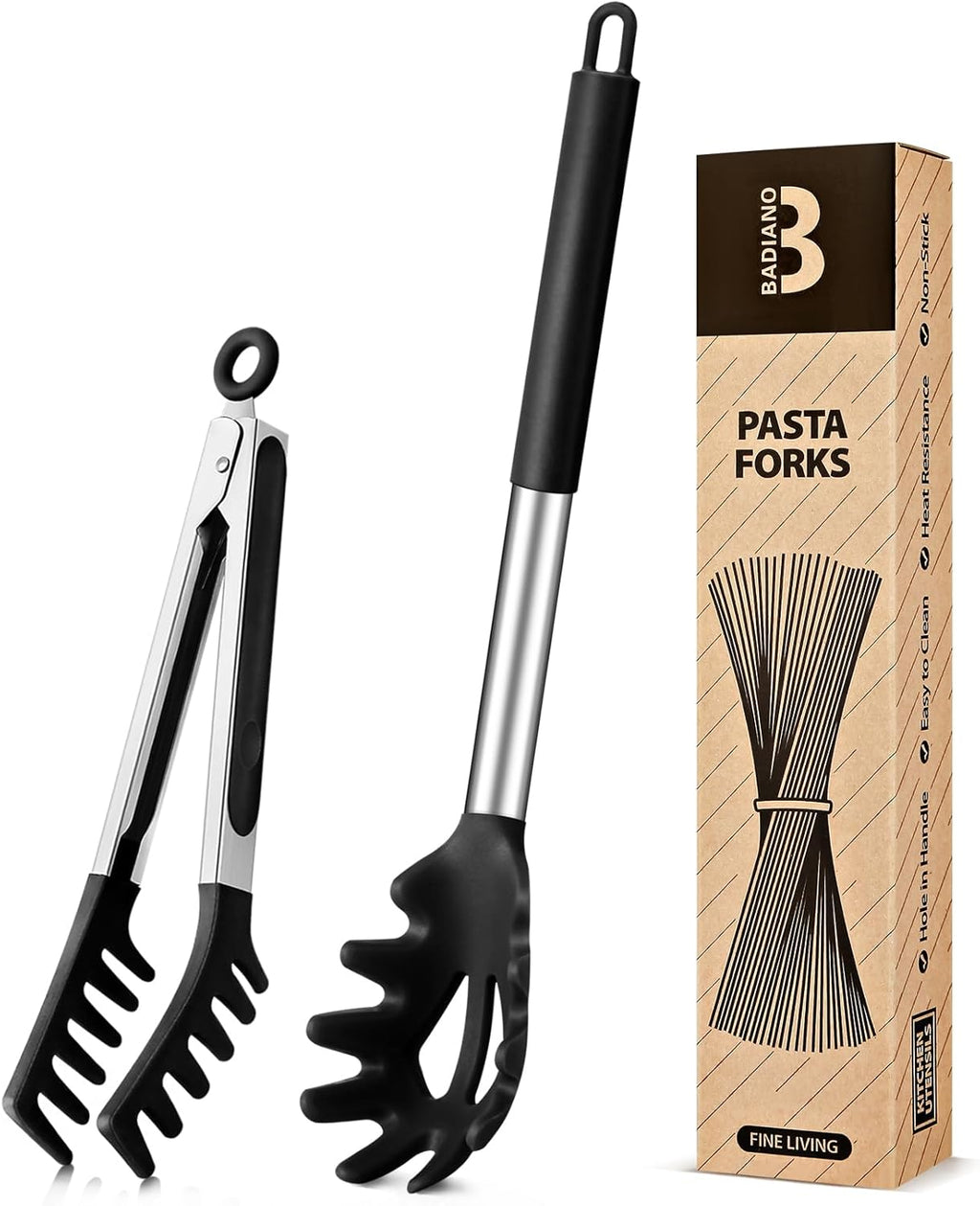 Silicone Spaghetti Spoon & Pasta Tong, Non-Stick Stainless Steel Handle Pasta Fork Set with Teeth, Food Clip for Easy Serving of Noodles (Khaki)