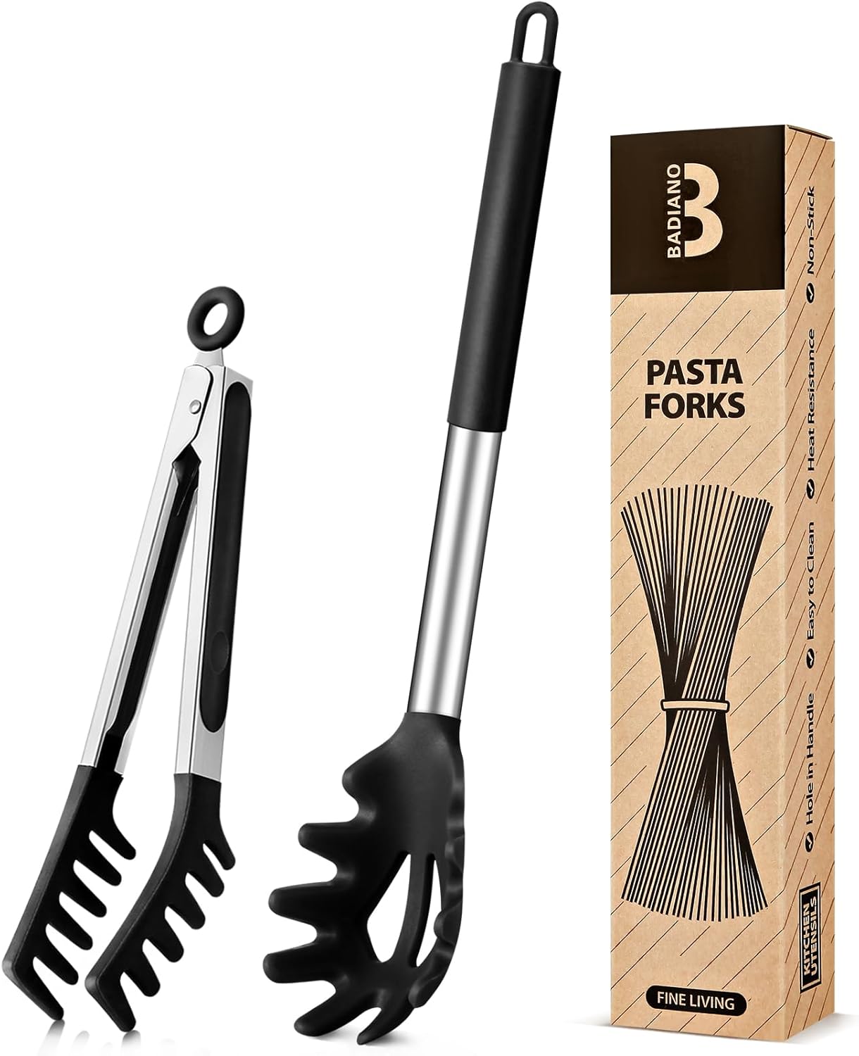 Silicone Spaghetti Spoon & Pasta Tong, Non-Stick Stainless Steel Handle Pasta Fork Set with Teeth, Food Clip for Easy Serving of Noodles (Khaki)