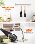 Cooking Spoon and Scraper for Nonstick Cookwares, Great for Cooking and Serving Durable BPA-Free Matte Silicone, Wood Handle Multifunction Spoon for Mixing, Scoop, and Scrape (BLACK)