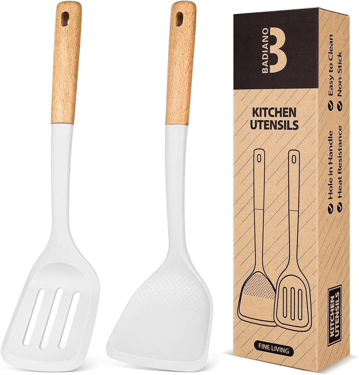 Silicone Wok Spatula Turner Set, Perfect for Scooping, Flipping, Lifting Pancakes and Picking up Veggies, BPA-Free Matte Silicone, Wooden Handles, Safe for Nonstick Cooking Surfaces (Grey)