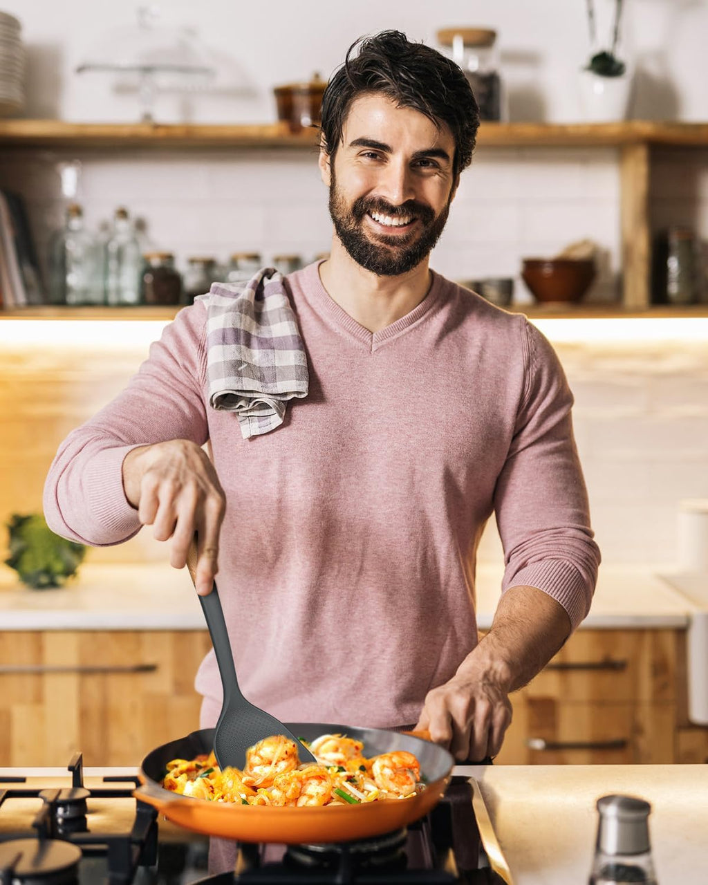 Silicone Wok Spatula Turner Set, Perfect for Scooping, Flipping, Lifting Pancakes and Picking up Veggies, BPA-Free Matte Silicone, Wooden Handles, Safe for Nonstick Cooking Surfaces (Grey)