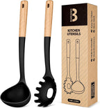 Pasta Fork and Ladle Set, Perfect for Serving Hot Soup, Stirring, and Sauce Pasta, BPA-Free Matte Silicone, Wood Handle Spaghetti Spoon for Nonstick Cooking Surfaces (Black)