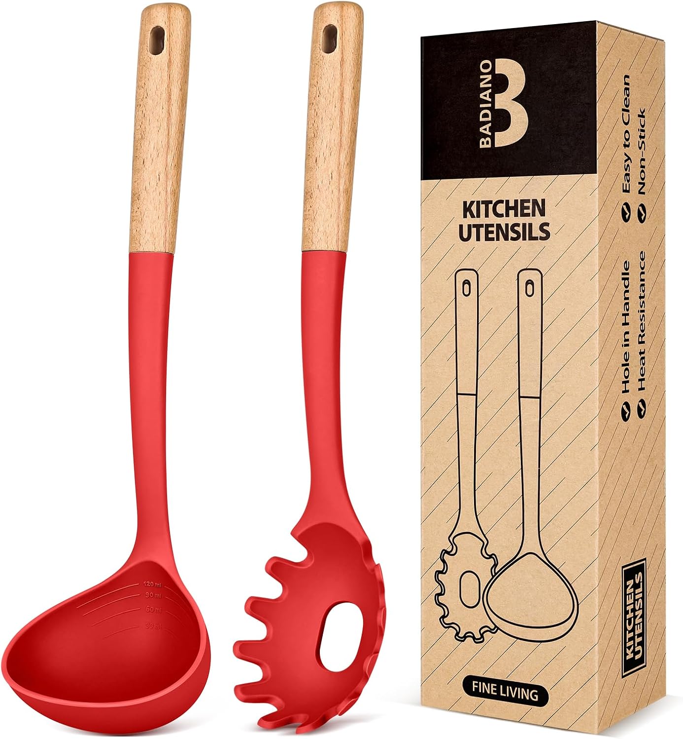 Pasta Fork and Ladle Set, Perfect for Serving Hot Soup, Stirring, and Sauce Pasta, BPA-Free Matte Silicone, Wood Handle Spaghetti Spoon for Nonstick Cooking Surfaces (Black)