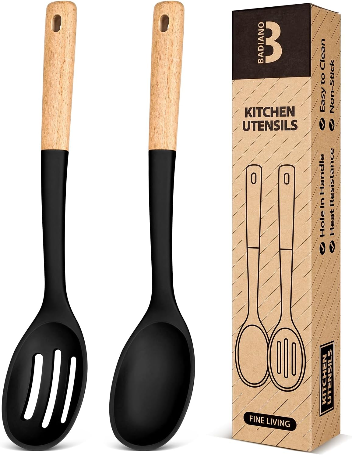 Silicone Cooking Spoons, Great for Scooping Sides and Serving Hearty Stews, BPA-Free Matte Silicone, Wooden Handle Serving Spoon for Nonstick Cooking Surfaces (Khaki)