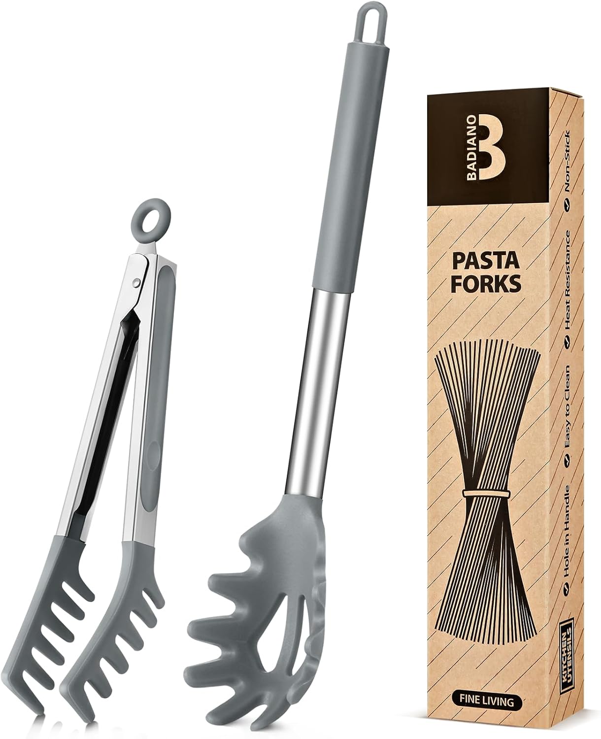 Silicone Spaghetti Spoon & Pasta Tong, Non-Stick Stainless Steel Handle Pasta Fork Set with Teeth, Food Clip for Easy Serving of Noodles (Khaki)