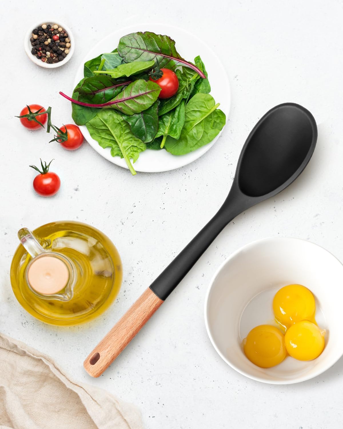 Large Silicone Cooking Spoons, Nonstick Solid Wooden Handle Spoon, Heat Resistan Silicone Kitchen Spoons for Cooking, Serving, Basting, Mixing, 13.2inch (Grey)