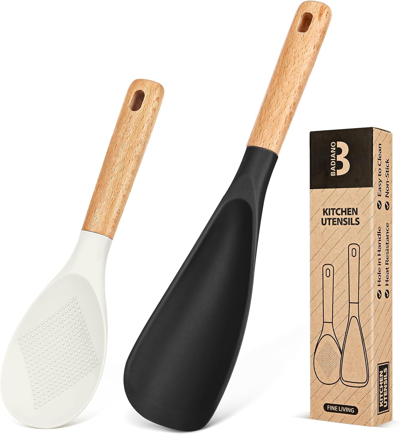 Cooking Spoon and Rice Scooper for Nonstick Cookwares, Great for Cooking and Serving Sturdy BPA-Free Matte Silicone, Wood Handle Spoon for Mixing, Scoop, and Scrape (Black)