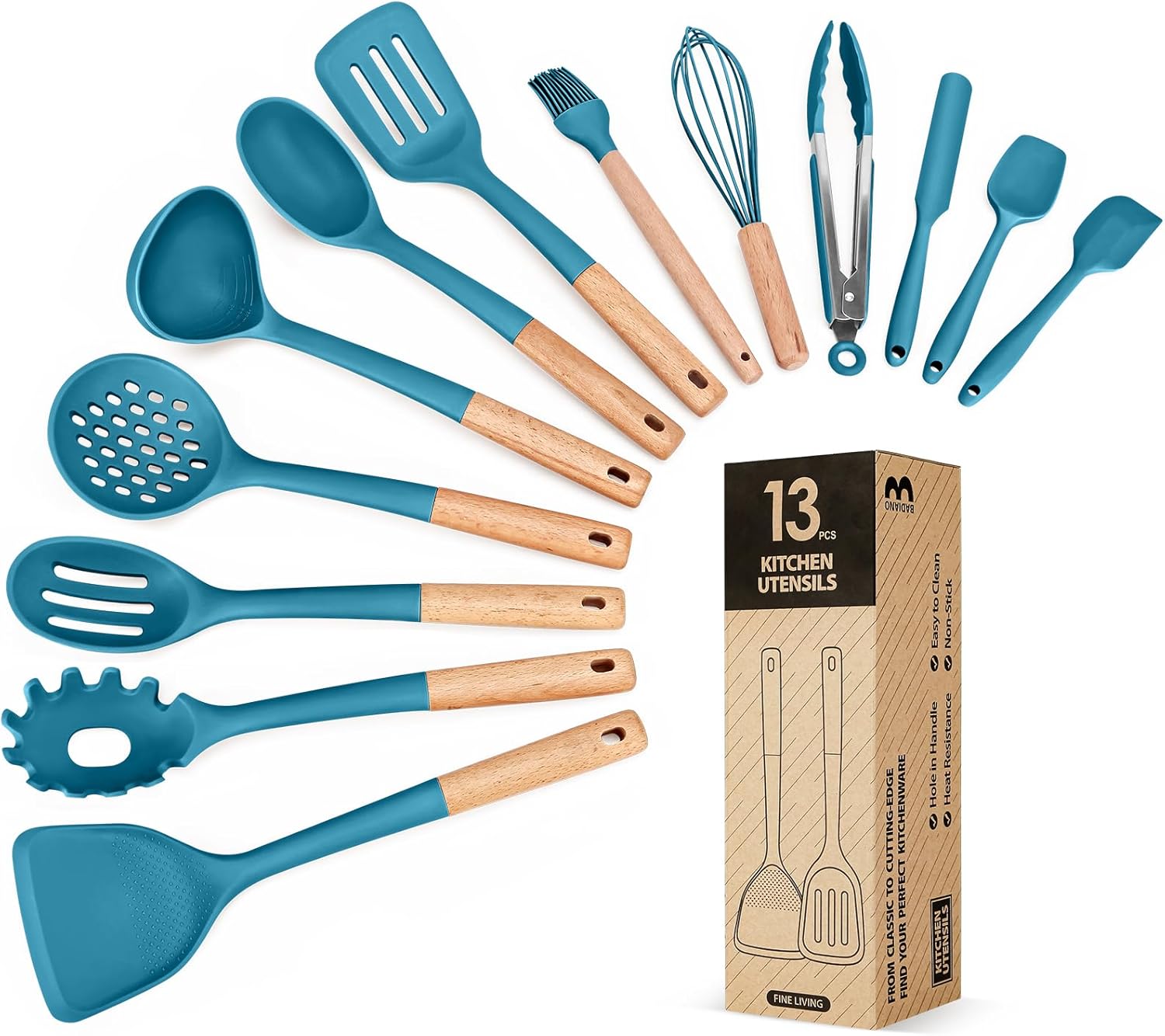 Kitchen Utensils Set, 13PCS Silicone Cooking Utensils, Heat Resistant Kitchen Utensil Spatula Set for Nonstick Cookware, Wooden Handles Kitchen Gadgets Tools Set