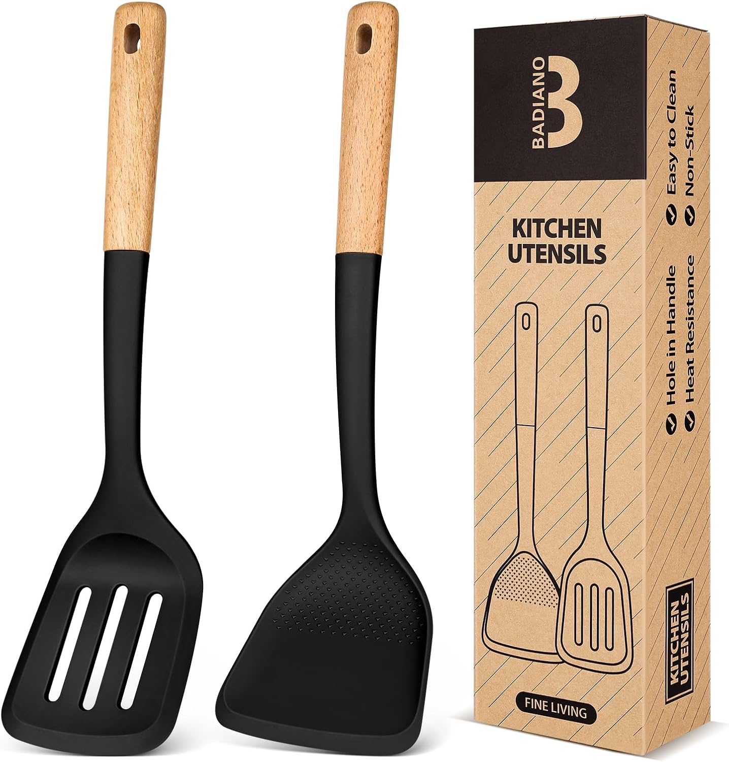Silicone Wok Spatula Turner Set, Perfect for Scooping, Flipping, Lifting Pancakes and Picking up Veggies, BPA-Free Matte Silicone, Wooden Handles, Safe for Nonstick Cooking Surfaces (Grey)
