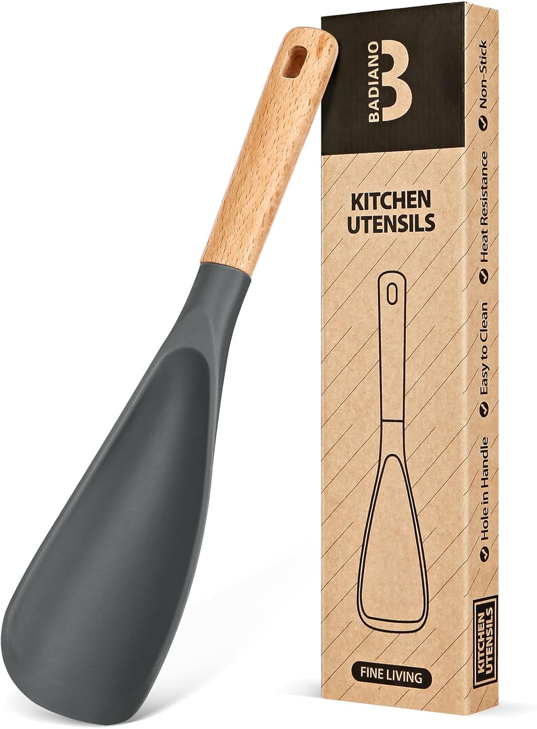 Cooking Spoon for Nonstick Cookwares, Great for Cooking and Serving Sturdy BPA-Free Matte Silicone, Wood Handle Spoon for Mixing, Scoop, and Scrape (Black)