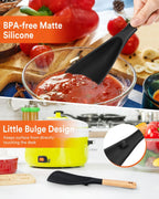 Cooking Spoon and Scraper for Nonstick Cookwares, Great for Cooking and Serving Durable BPA-Free Matte Silicone, Wood Handle Multifunction Spoon for Mixing, Scoop, and Scrape (BLACK)