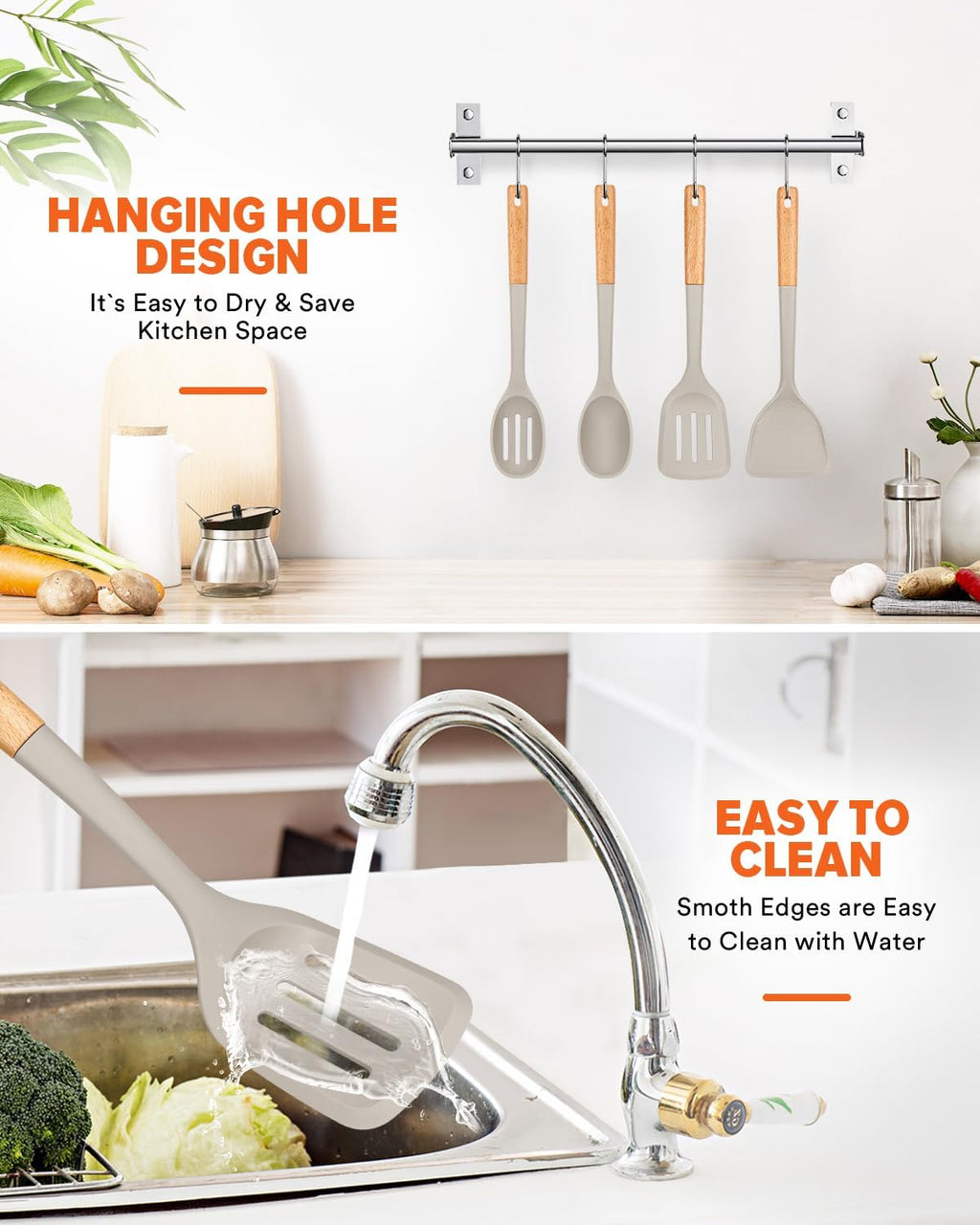 Silicone Cooking Utensils Set, Perfectly Angled for Frying, Mixing,Serving,Draining,Turning and Stirring, BPA-Free Matte Silicone, Wood Handles, Safe for Nonstick Cooking Surfaces,4 Pack (Khaki)