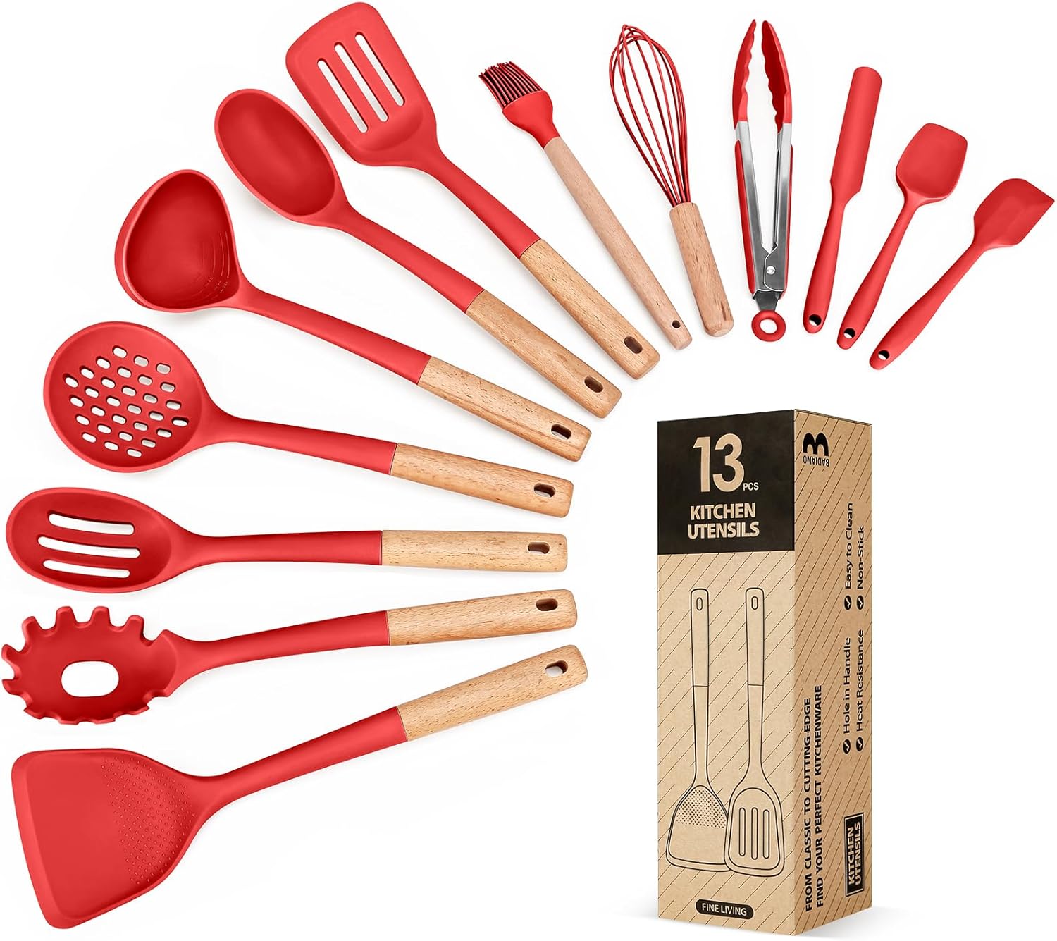 Kitchen Utensils Set, 13PCS Silicone Cooking Utensils, Heat Resistant Kitchen Utensil Spatula Set for Nonstick Cookware, Wooden Handles Kitchen Gadgets Tools Set