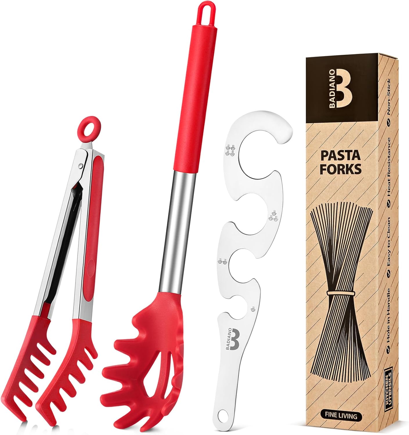 Silicone Spaghetti Spoon & Pasta Tong With Pasta Measurer, 3 Pack of Non-Stick Stainless Steel Handle Pasta Fork Set with Teeth, Food Clip for Easy Serving of Noodles (BLACK)