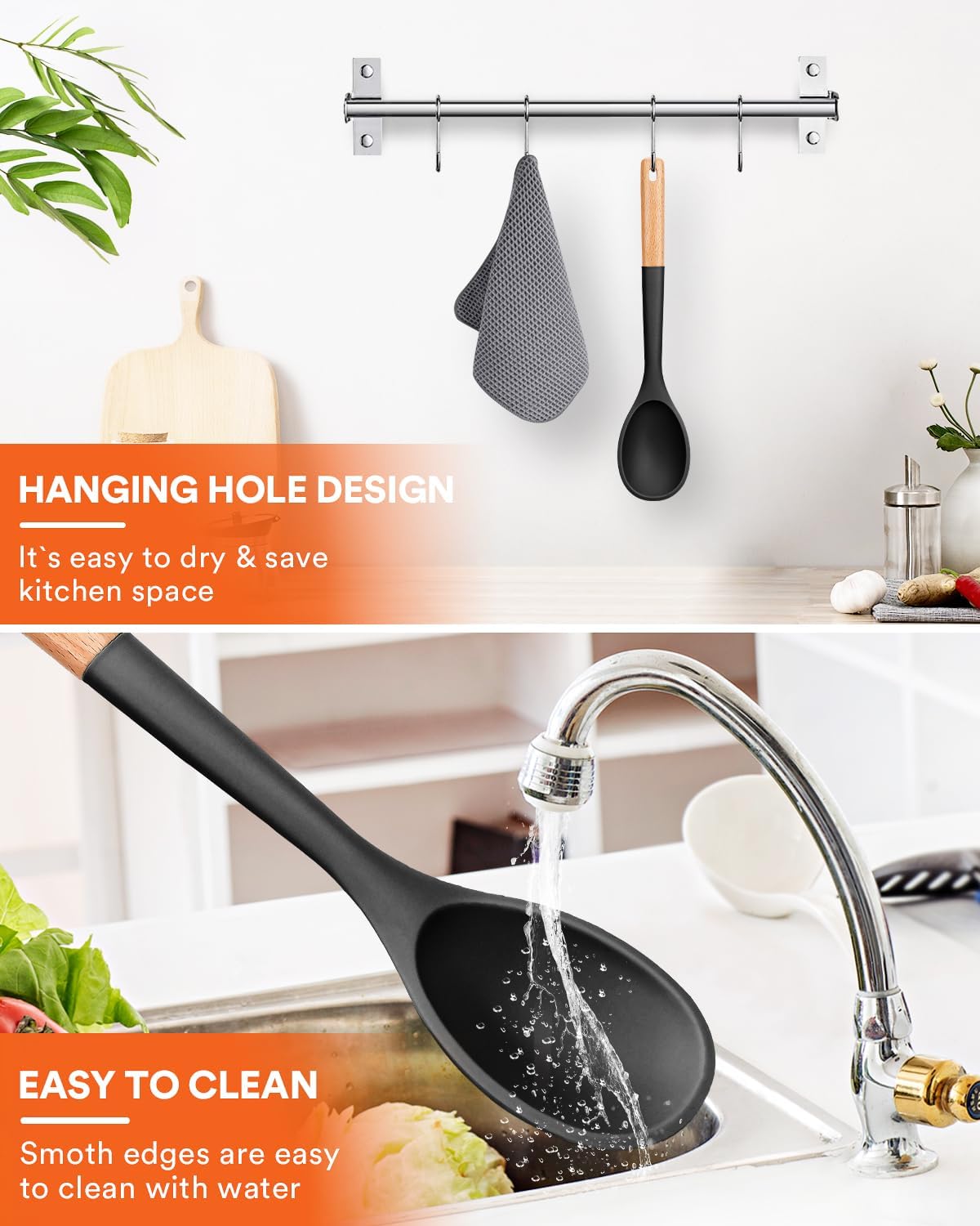 Large Silicone Cooking Spoons, Nonstick Solid Wooden Handle Spoon, Heat Resistan Silicone Kitchen Spoons for Cooking, Serving, Basting, Mixing, 13.2inch (Grey)