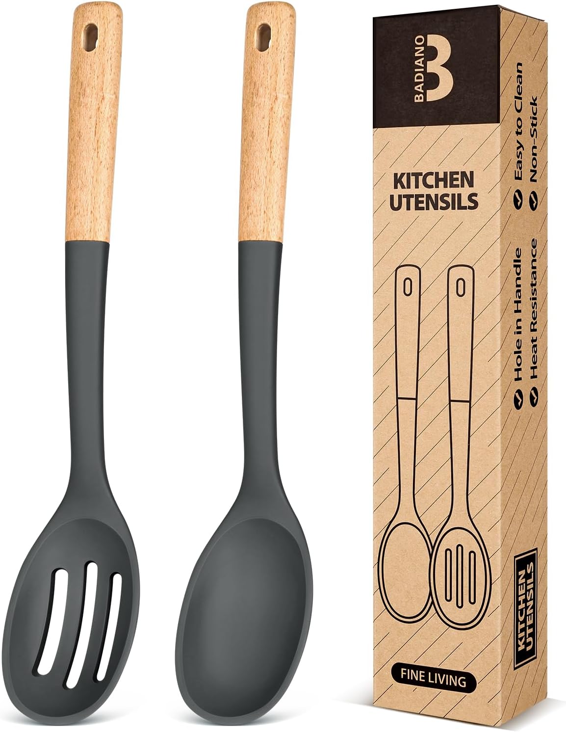 Silicone Cooking Spoons, Great for Scooping Sides and Serving Hearty Stews, BPA-Free Matte Silicone, Wooden Handle Serving Spoon for Nonstick Cooking Surfaces (Khaki)