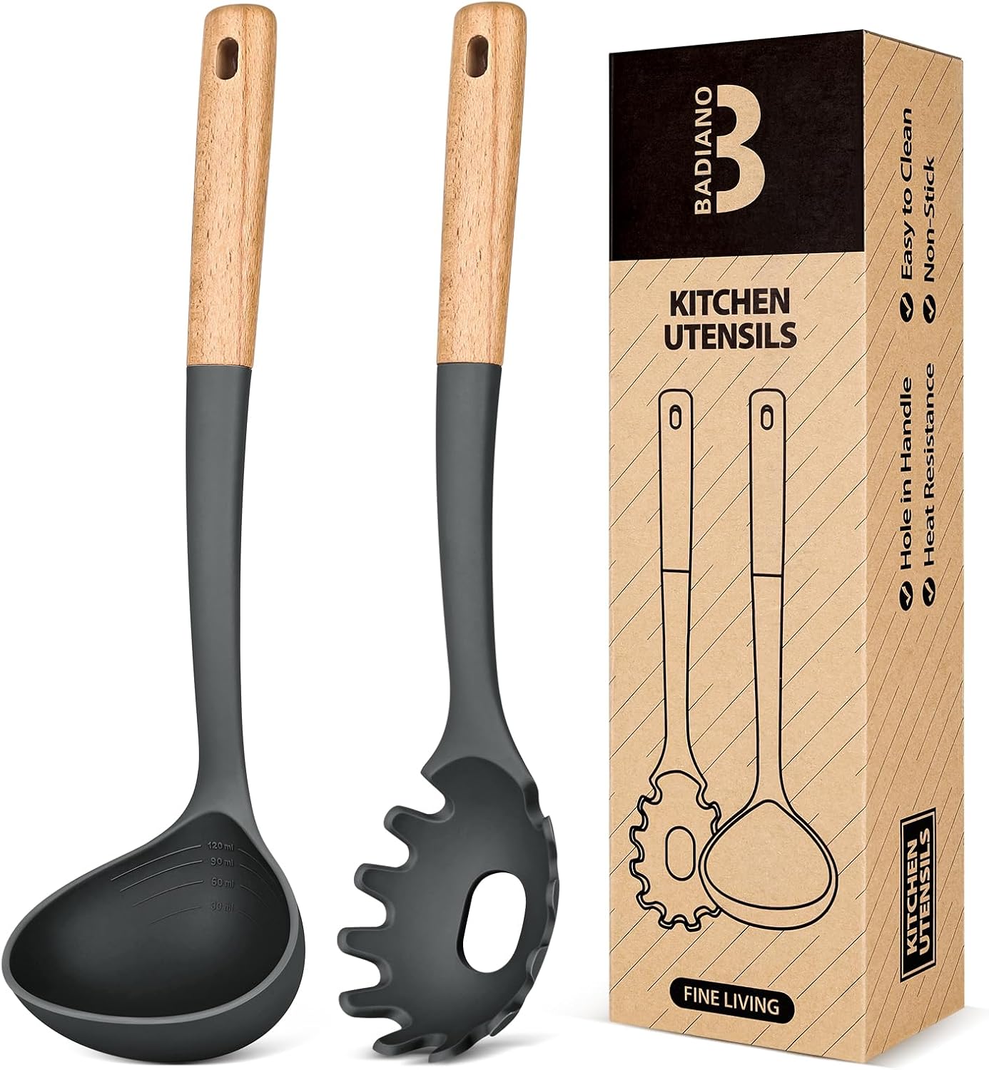 Pasta Fork and Ladle Set, Perfect for Serving Hot Soup, Stirring, and Sauce Pasta, BPA-Free Matte Silicone, Wood Handle Spaghetti Spoon for Nonstick Cooking Surfaces (Black)