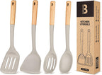 Silicone Cooking Utensils Set, Perfectly Angled for Frying, Mixing,Serving,Draining,Turning and Stirring, BPA-Free Matte Silicone, Wood Handles, Safe for Nonstick Cooking Surfaces,4 Pack (Khaki)