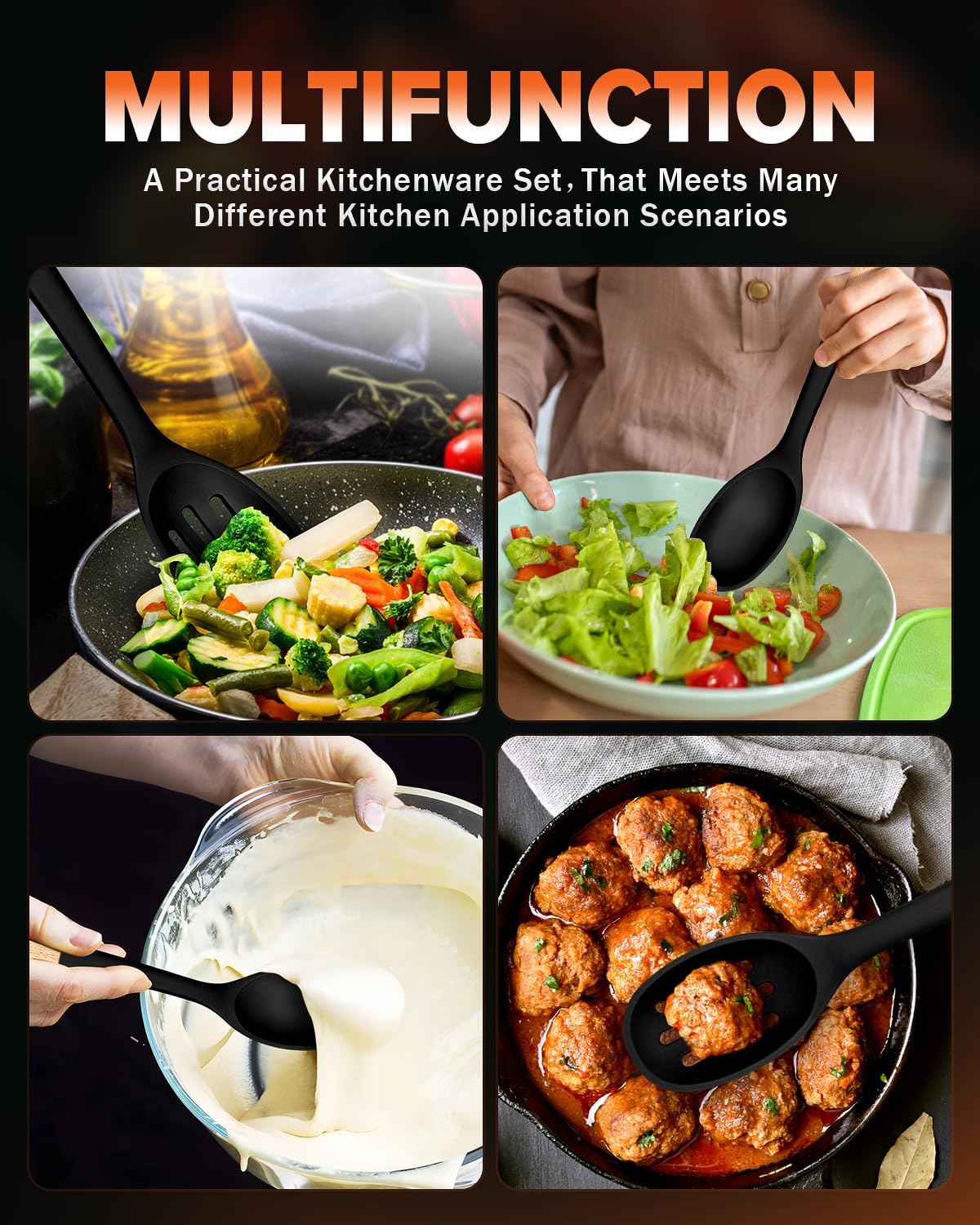 Silicone Cooking Spoons, Great for Scooping Sides and Serving Hearty Stews, BPA-Free Matte Silicone, Wooden Handle Serving Spoon for Nonstick Cooking Surfaces (Khaki)