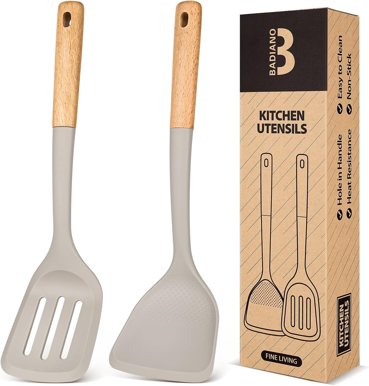 Silicone Wok Spatula Turner Set, Perfect for Scooping, Flipping, Lifting Pancakes and Picking up Veggies, BPA-Free Matte Silicone, Wooden Handles, Safe for Nonstick Cooking Surfaces (Grey)